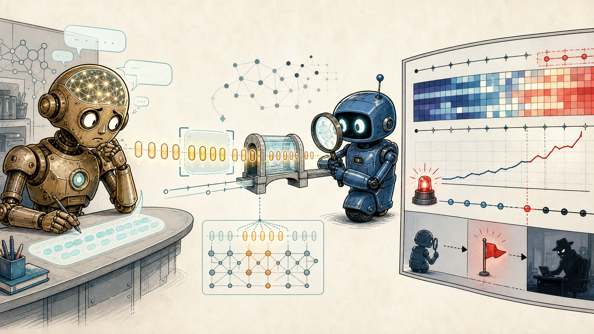 Cartoon illustration of StateWitness reading target-model activations through a decoder into token heatmaps and temporal warning signals.